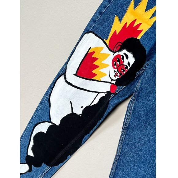 NEW TRF Zara x Ricardo Cavolo Hand Oil Painted Mom Jeans 4 + Belt Dark Wash Rare - Picture 6 of 16